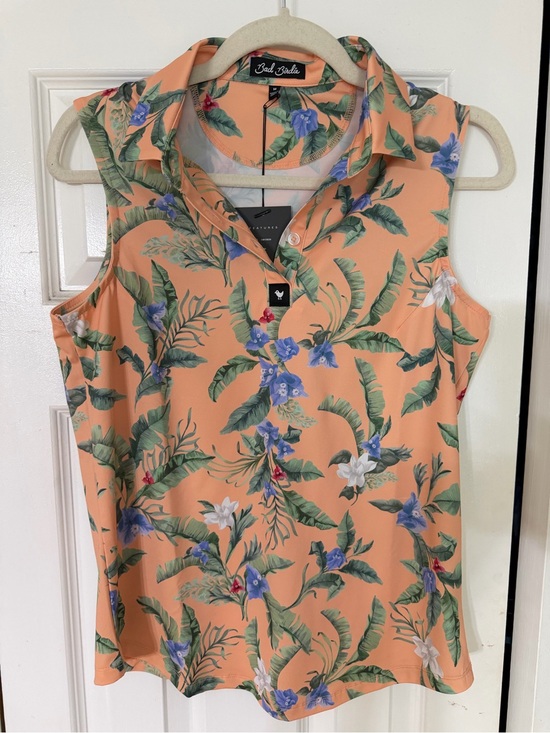 Bad Birdie Tops - Bad Birdie Peach Tropical Floral Sleeveless Polo